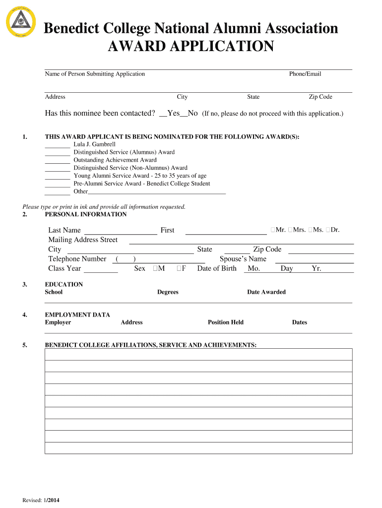  Benedict College National Alumni Association AWARD APPLICATION  Benedict 2014-2024