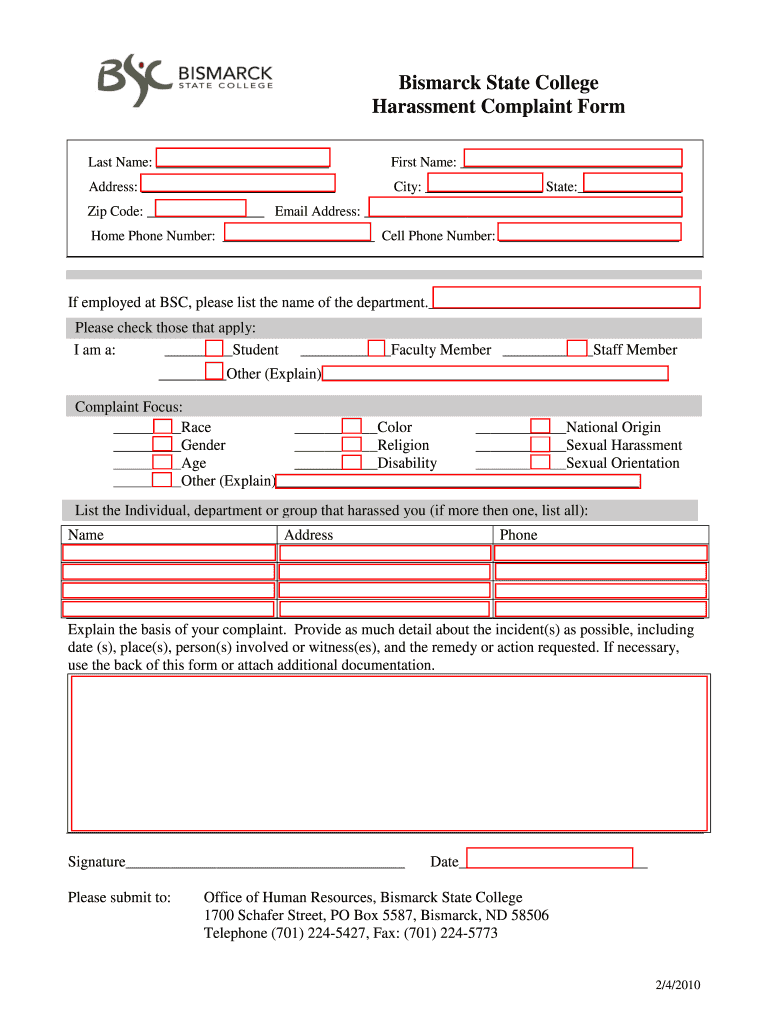 Harassment Complaint Procedure Bismarck State College Bismarckstate Form
