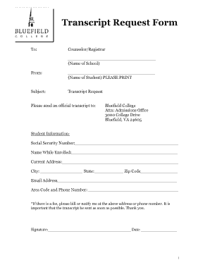 Bluefield College Transcript Request  Form