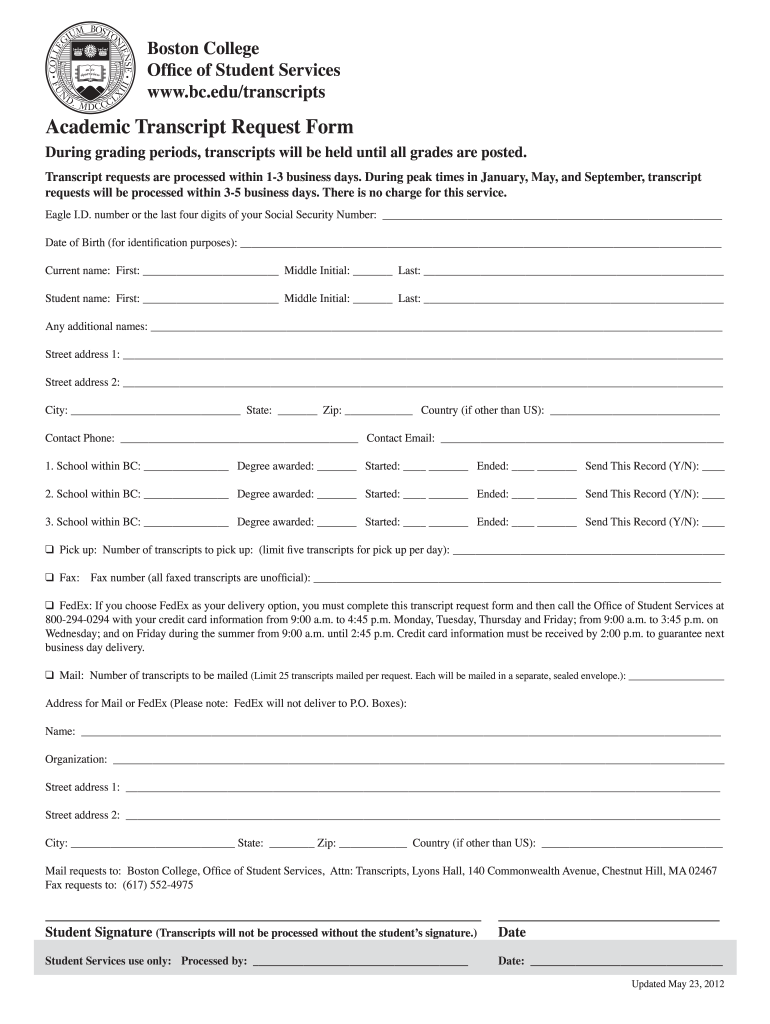 Academic Transcript Request Form  Boston College  Bc