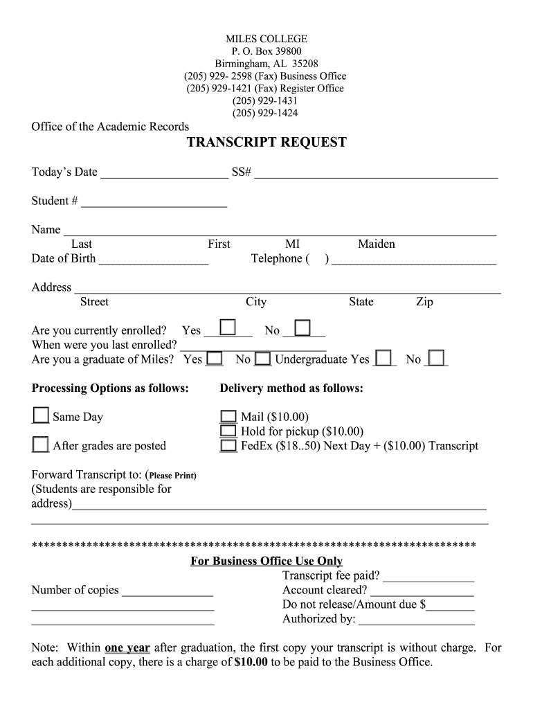 Miles College Transcript Request  Form