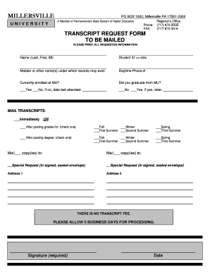 Transcript Request Form to Be Mailed Millersville University Millersville