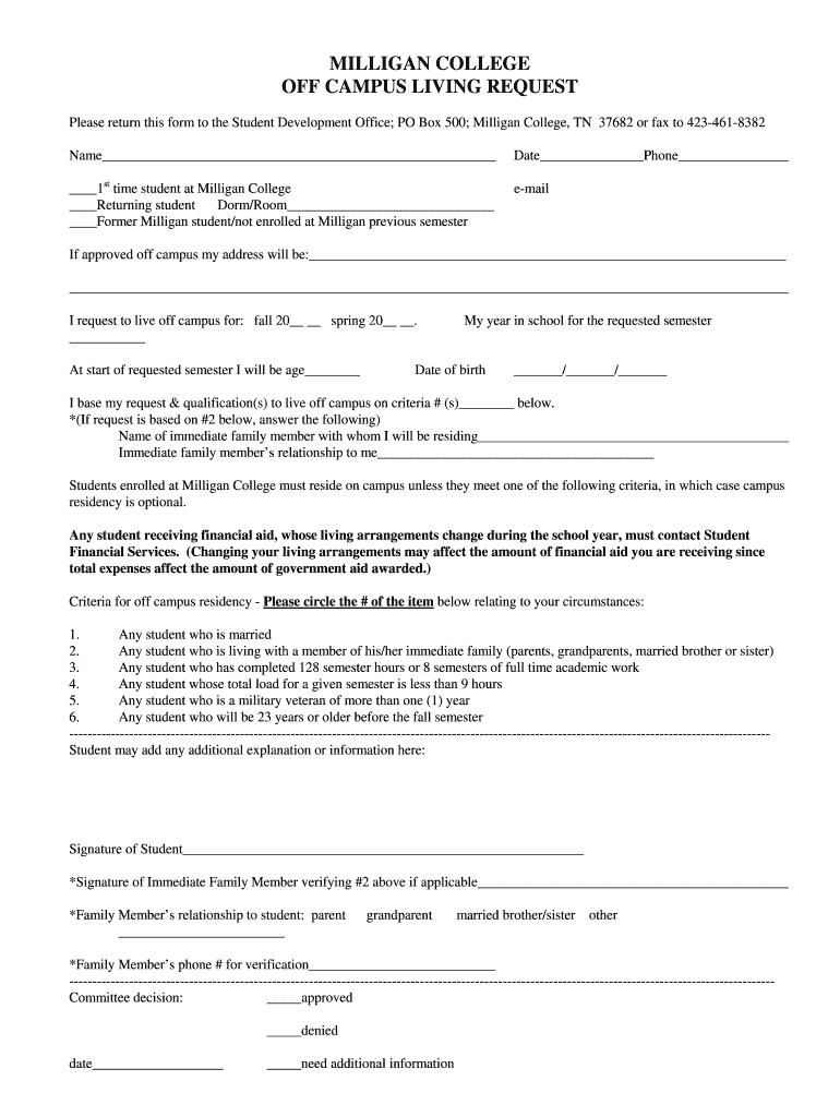  off Campus Living Request Form  Milligan College  Milligan 2009-2024