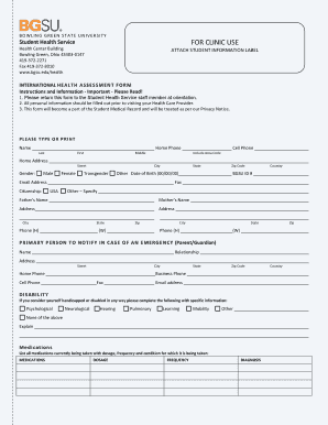 Bgsu Health Assessment and Immunization Form