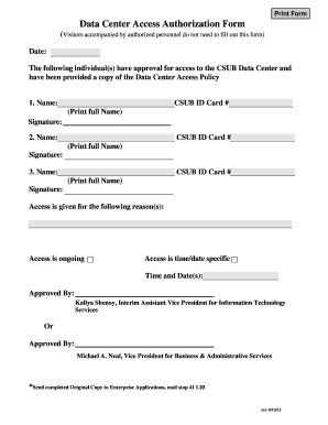 Data Center Access Authorization Form Csub