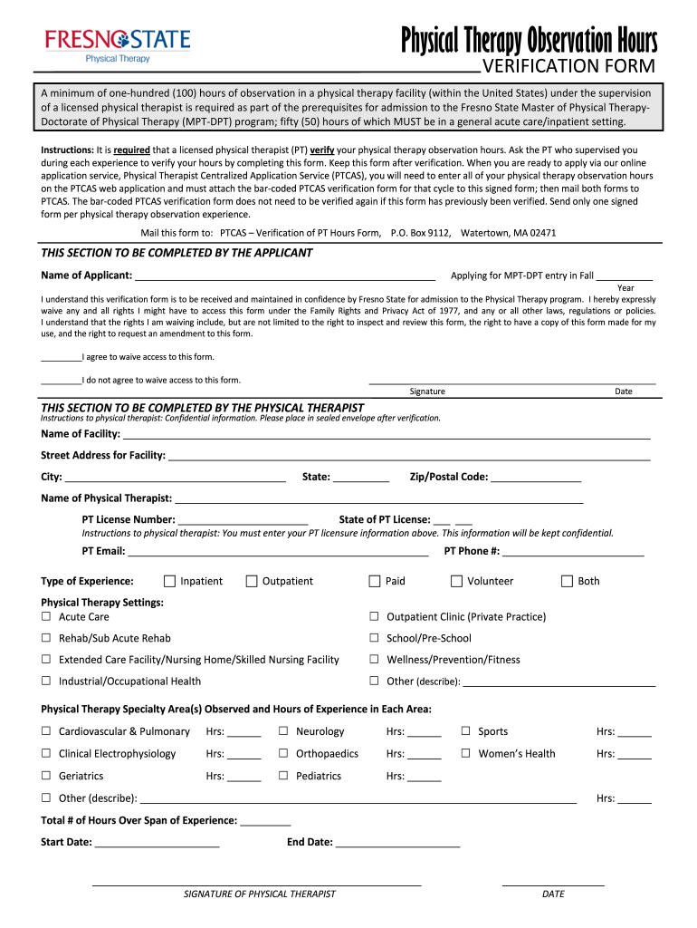 Ptcas Observation Hours Form