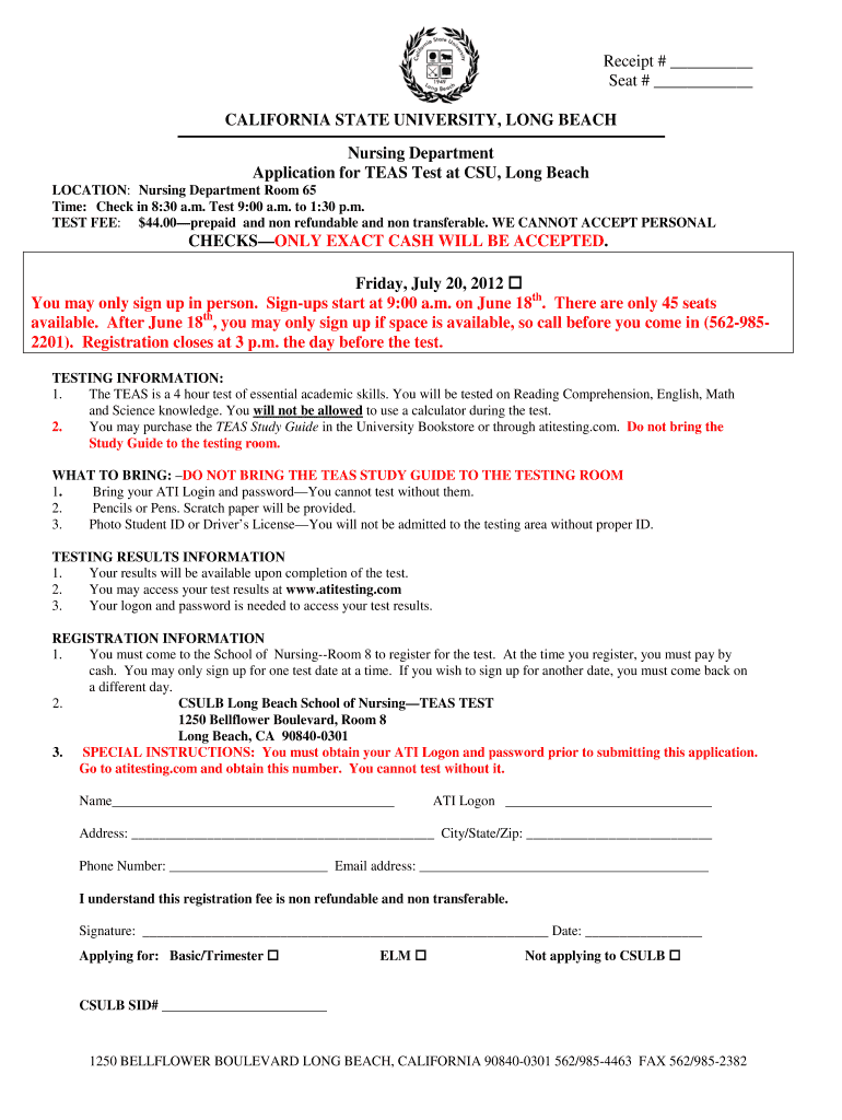  Application for TEAS Test at CSU, Long Beach California State Csulb 2012