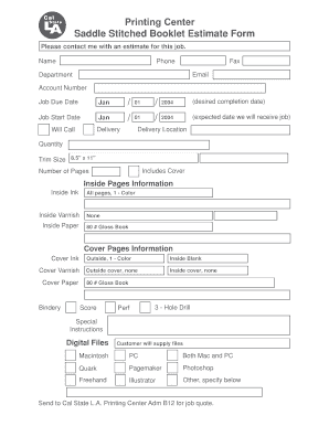 Online Printing Estimate  Form