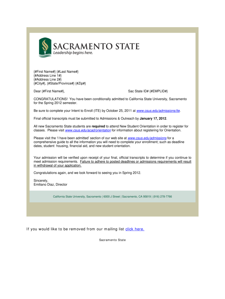 Letter of Admission Spring California State University Csus  Form