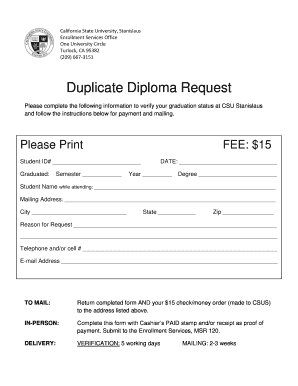 Duplicate Diploma Request CSU Stanislaus Csustan  Form
