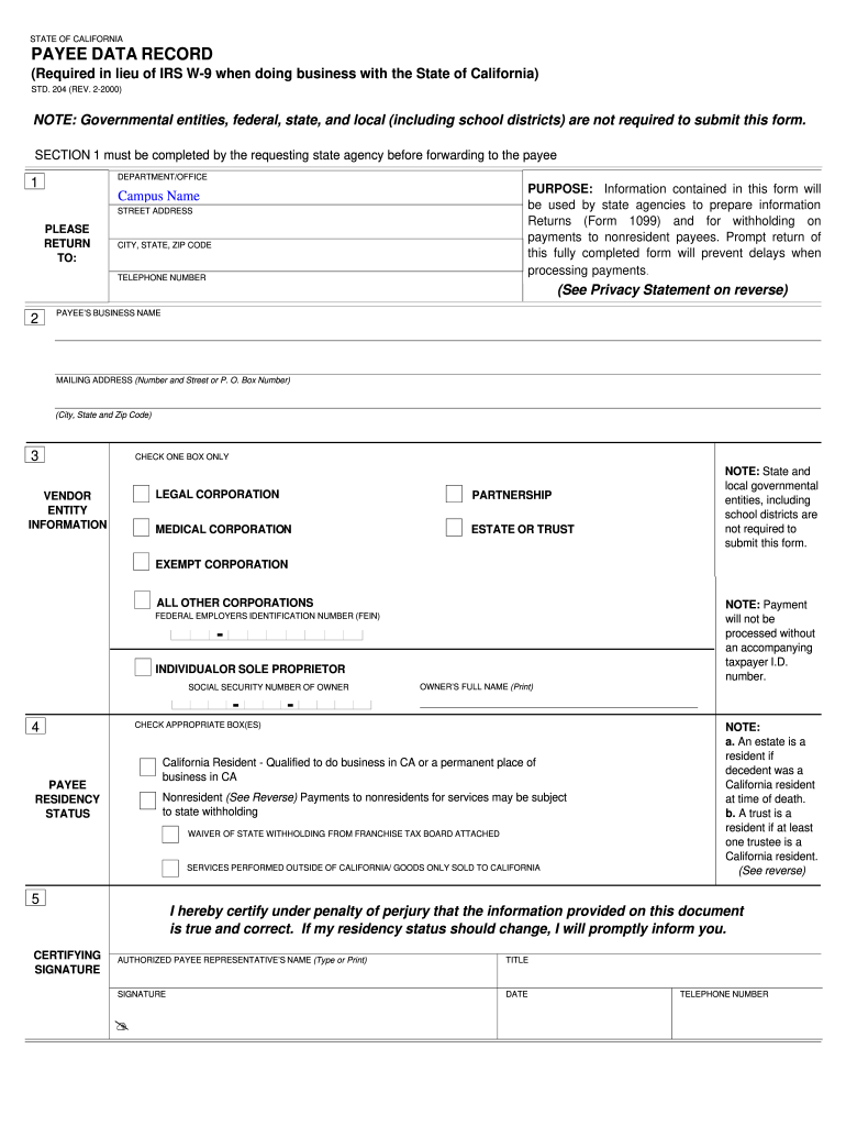 Csu Payee Data Record Form Fill Out And Sign Printable PDF Template 