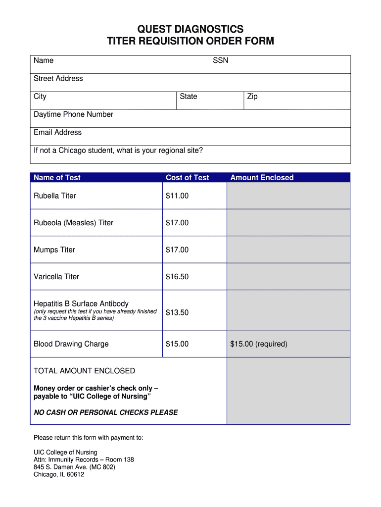 Quest Diagnostic Supply Order Sheet  Form