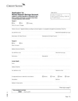 Application for Rental Deposit Savings Account Credit Suisse  Form
