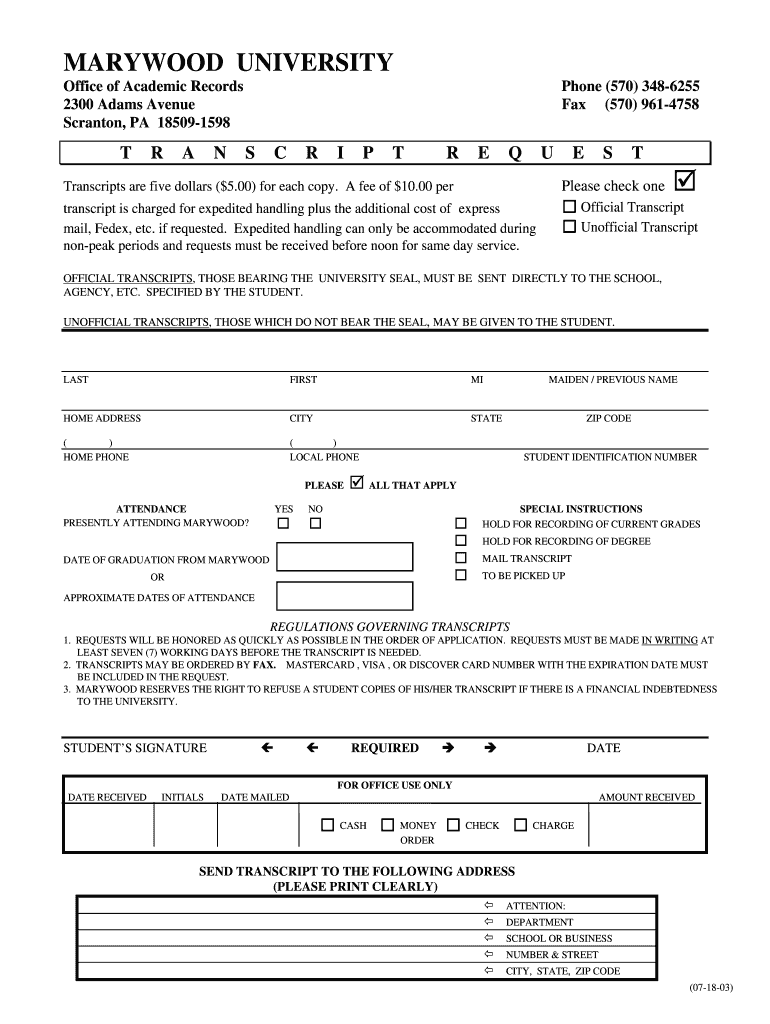 Marywood University Transcripts  Form