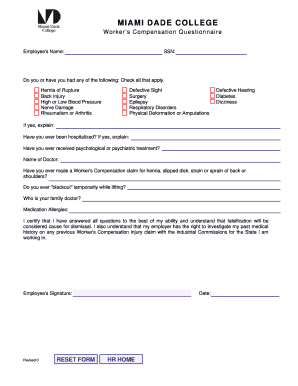 Worker&amp;#39;s Compensation Questionnaire Miami Dade College Mdc  Form