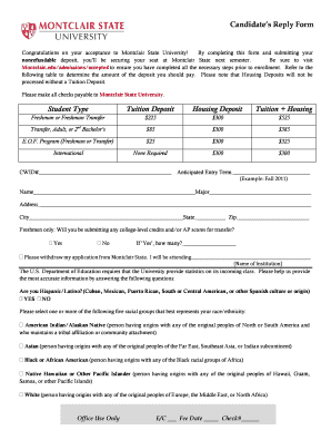 Montclair State University Candidates Reply Form