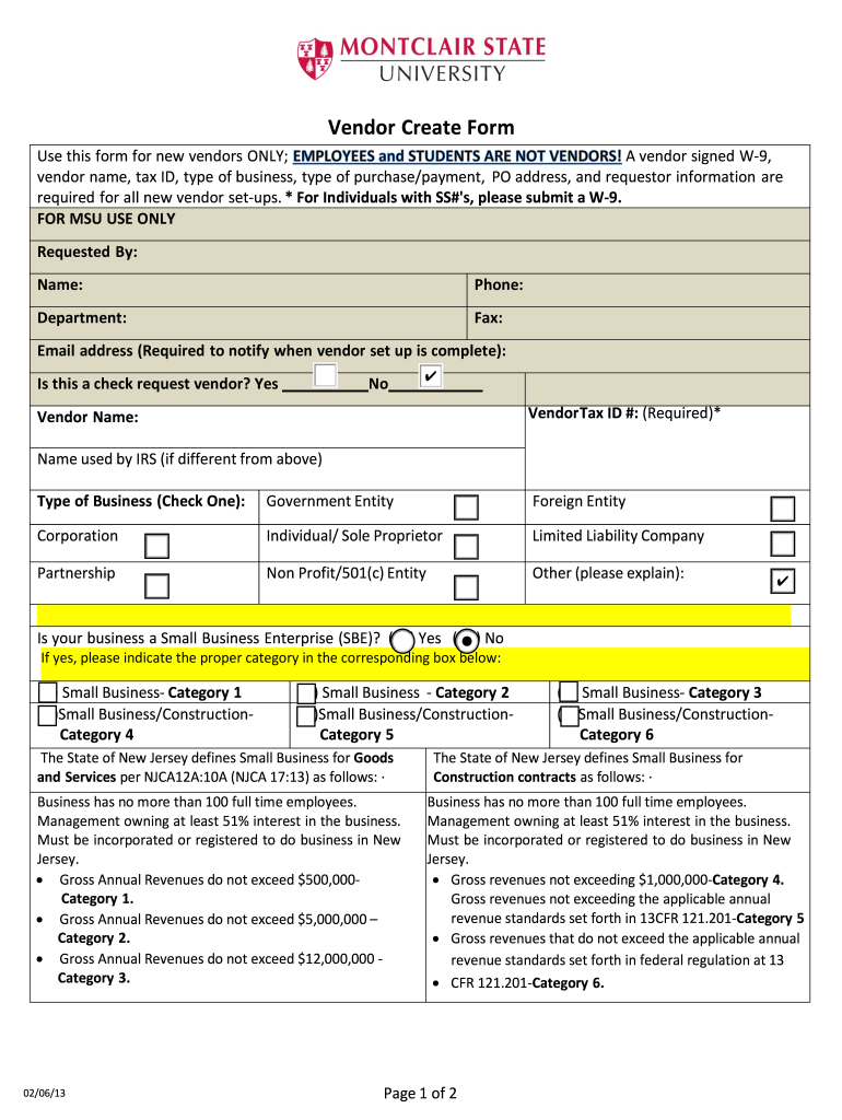  Vendor Create Form  Montclair State University  Montclair 2013-2024