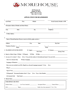 APPLICATION for READMISSIONS Morehouse College Morehouse  Form