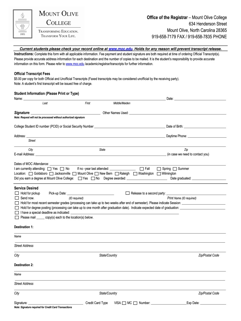 University of Mount Olive Transcript Request  Form