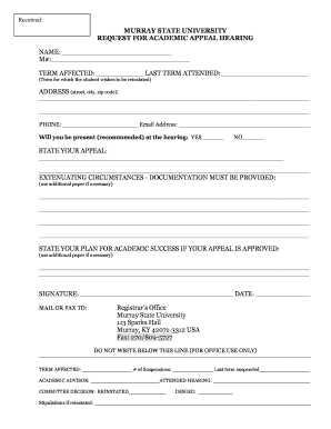 Murray State University Academic Probation Appeal Form