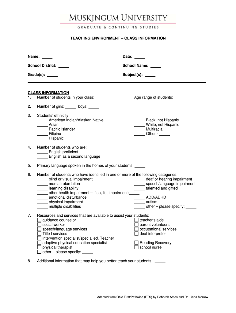 Get and Sign Muskingum Teaching Environment Class Information Form