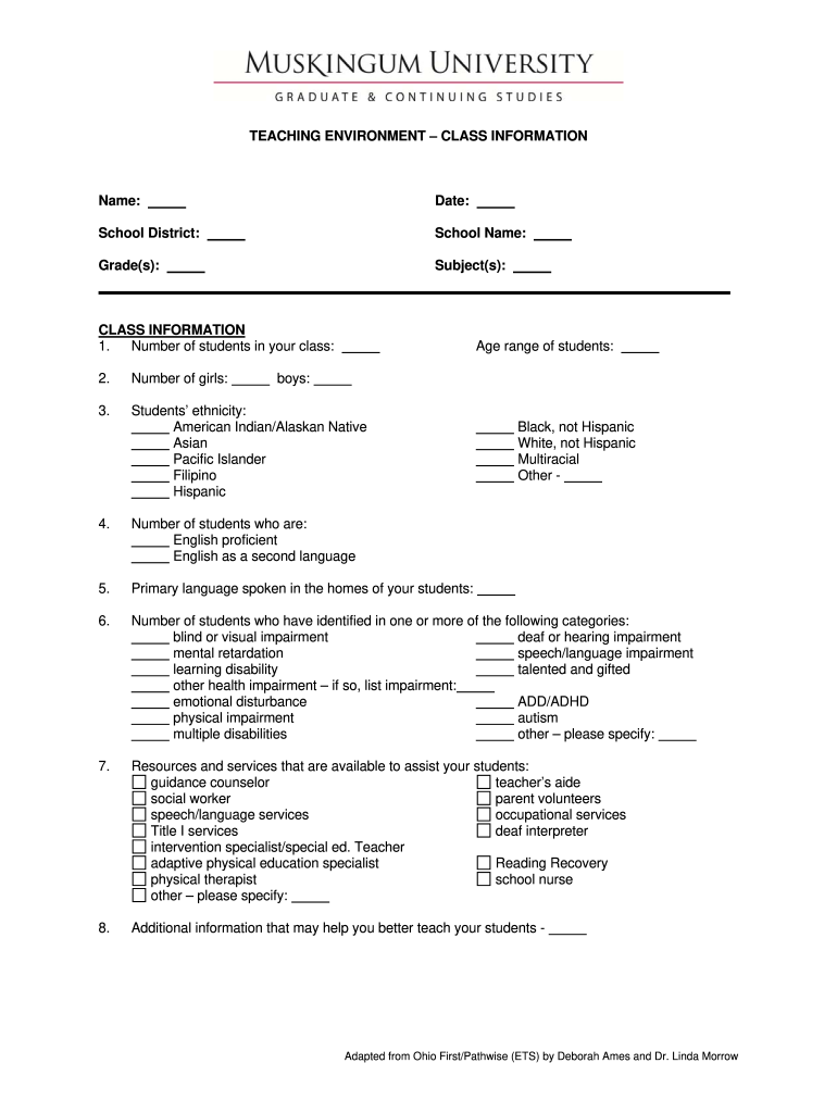 Muskingum Teaching Environment Class Information Form