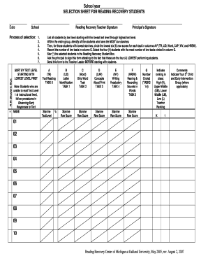 Reading Recovery Selection Sheet  Form
