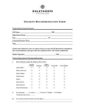 Student Recommendation Form Oglethorpe University Oglethorpe