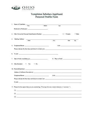 Templeton Scholars Applicant Personal Profile Form Ohio University Ohio