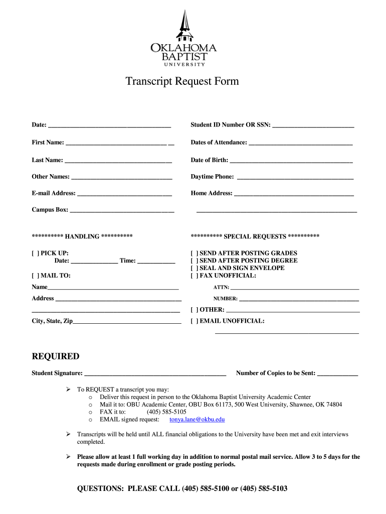 Okl Ahoma Baptist University Transcripts  Form