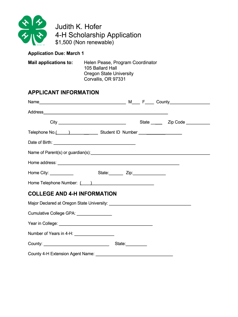 Judith K Hofer 4 H Scholarship Application  Oregon State 4 H    Oregon 4h Oregonstate  Form