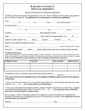 Application Reactivation Form PDF Radford University Radford