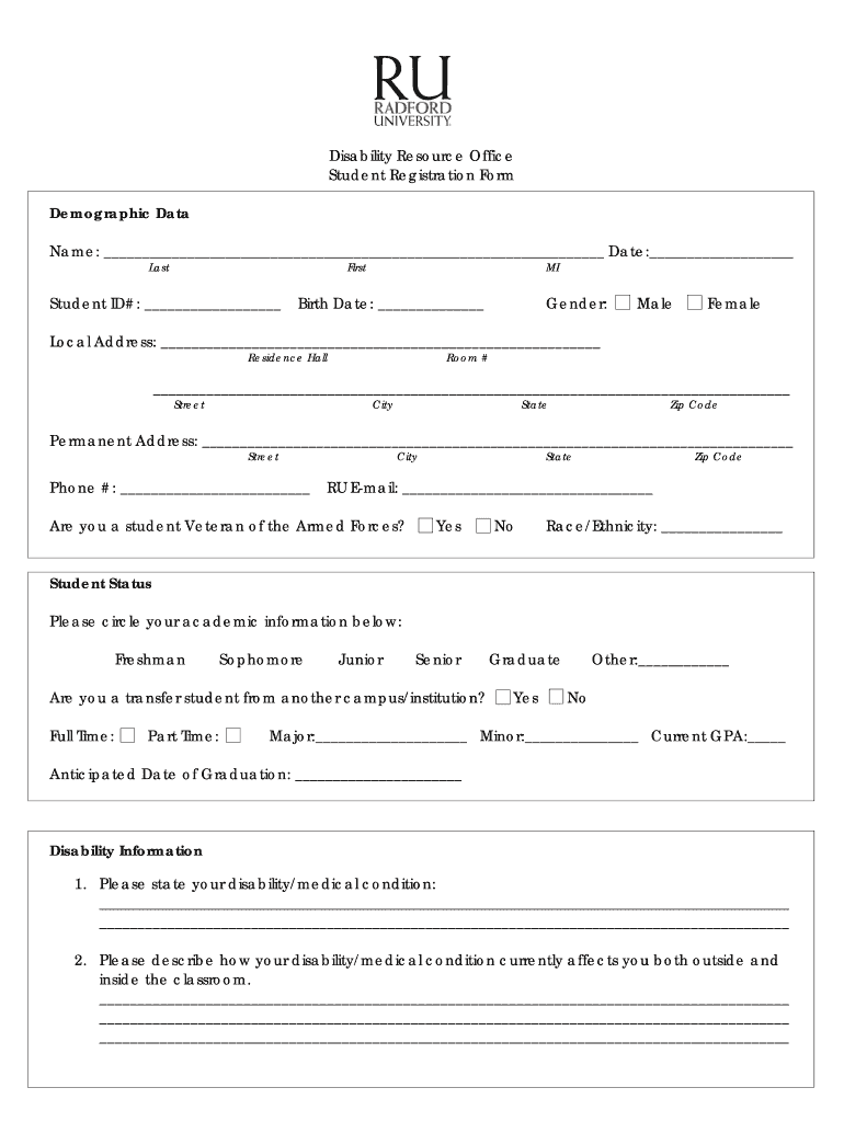 Disability Resource Office Student Registration Form Demographic