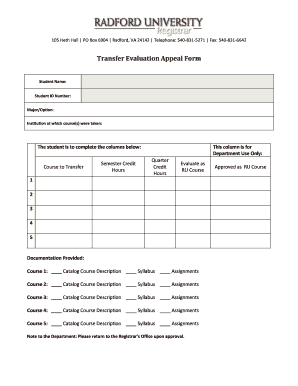 Transfer Evaluation Appeal Form Radford