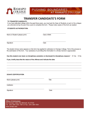 Transfer Candidate Form Ramapo