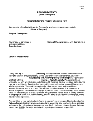 Personal Safety and Property Disclosure Form Regis University Regis