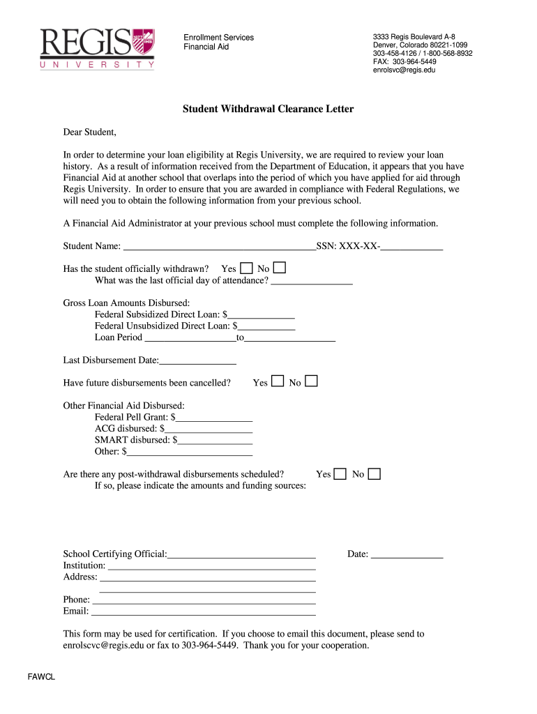 Student Withdrawal Clearance Letter  Regis University  Regis  Form