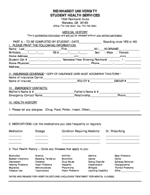 Health Form Medical History Immunization Reinhardt University Reinhardt