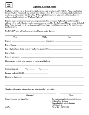 Rensselaer Copy of Diploma  Form