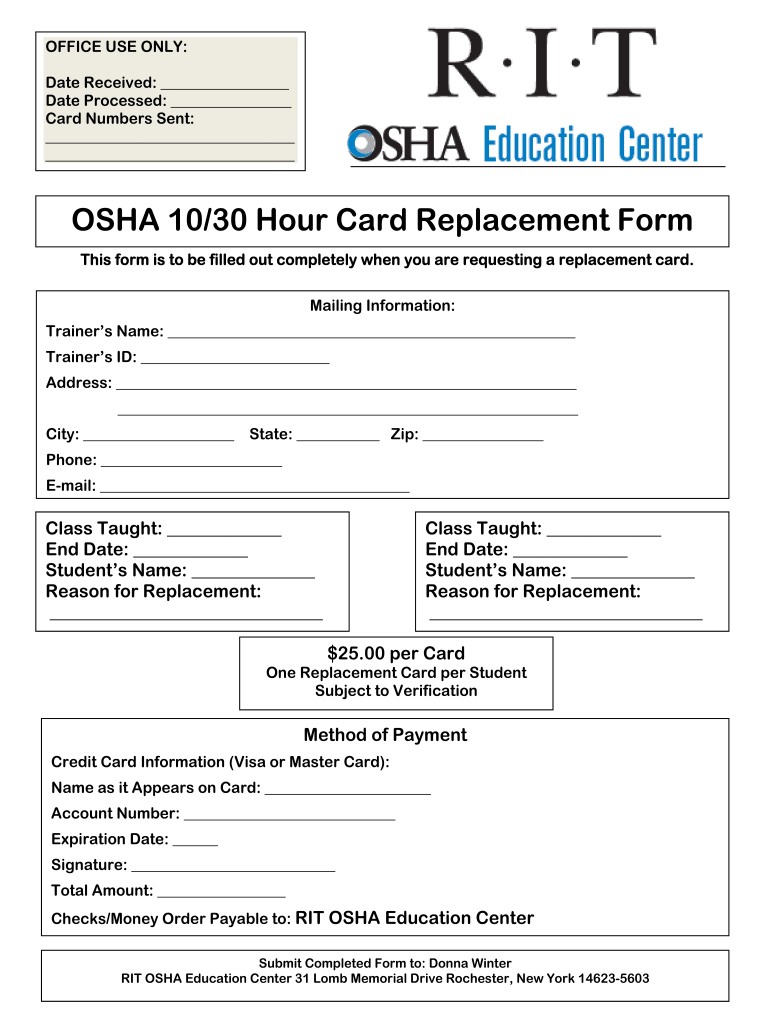 Osha 30 Card Template  Form