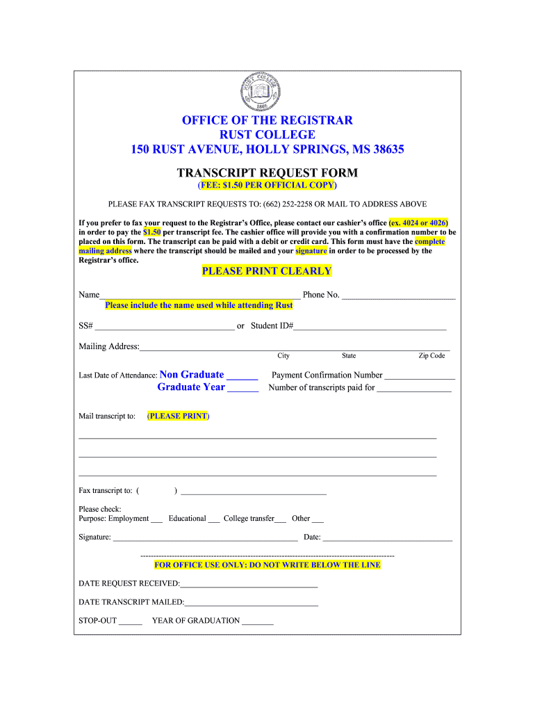 Rust College Official Transcript  Form