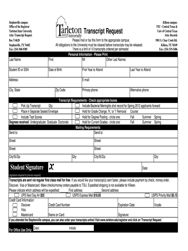 Tarleton State University Transcript  Form