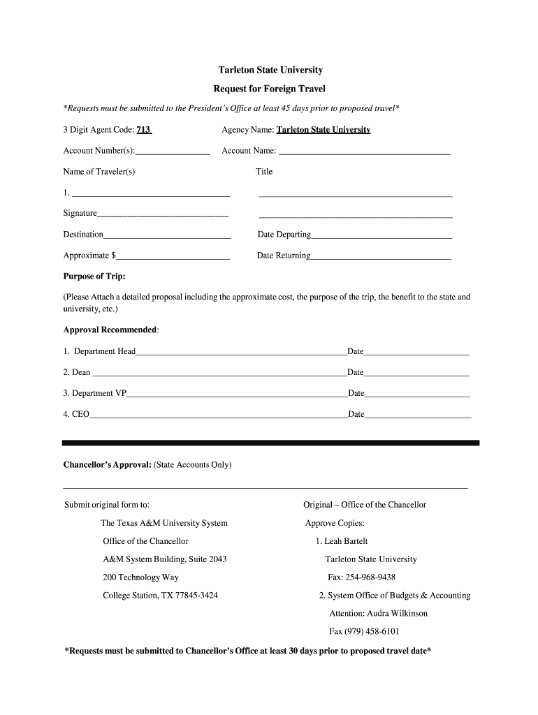 Foreign Travel Approval Form  Tarleton State University  Tarleton