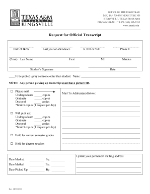 Texas a M University Kingsville Transcript Request  Form