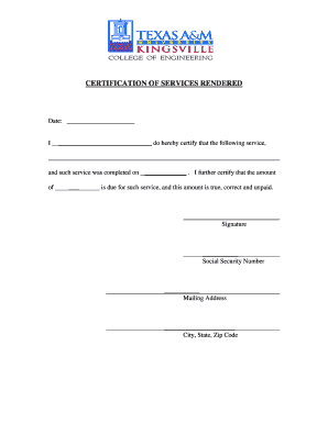 Certificate of Service Rendered  Form