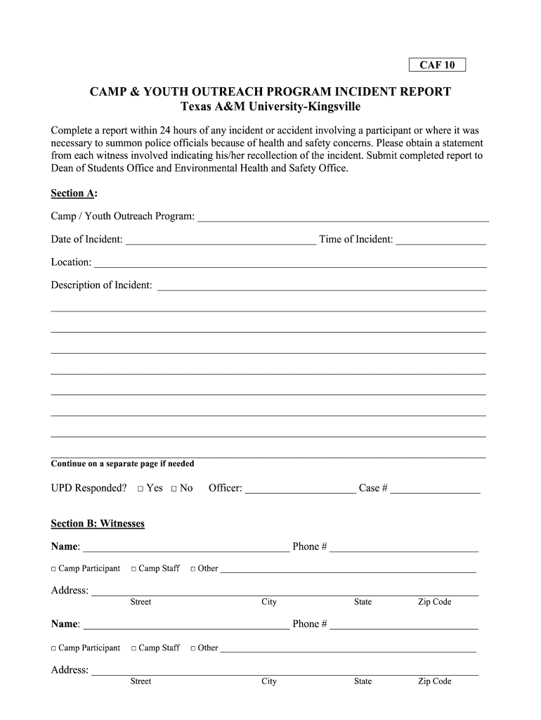Get and Sign Camp Incident Report  Texas A&M University Kingsville  Tamuk  Form