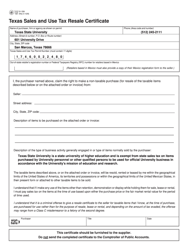  Blank Texas Resale Certificate Form 2008