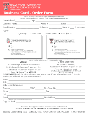 Business Card Order Form Ttuhsc