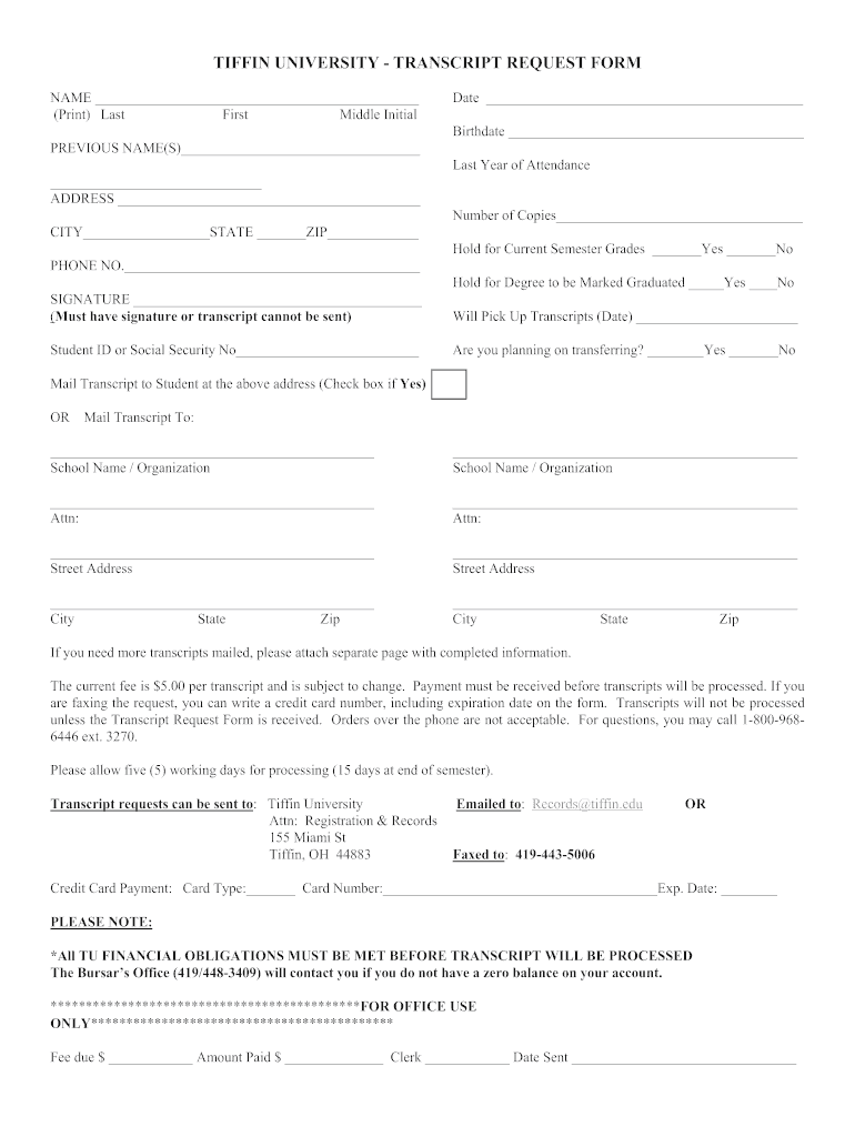 Get and Sign Tiffin University Transcript  Form