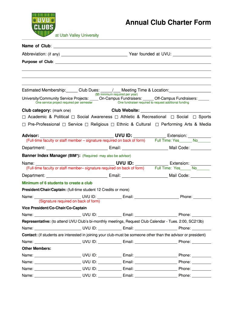 Annual Club Charter Form  Uvu Edu